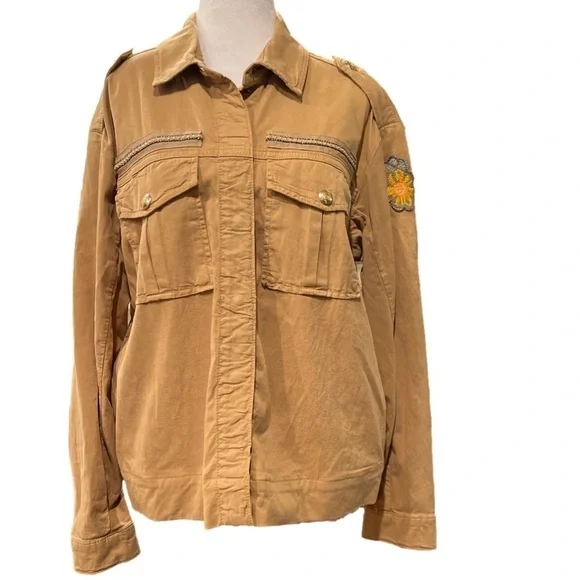 Boho Safari Utility Jacket Embroidered Tan Cotton Shacket Scandi M - Picture 5 of 12